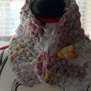 Pretty Pink Rag Crocheted Collar with Sea Shell Cl